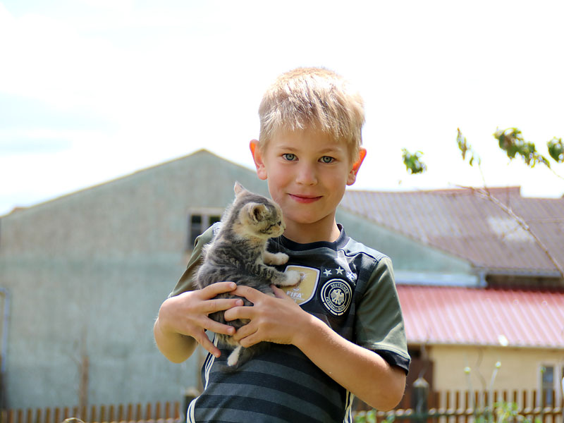 Ein Junge mit einem kleinen Kätzchen